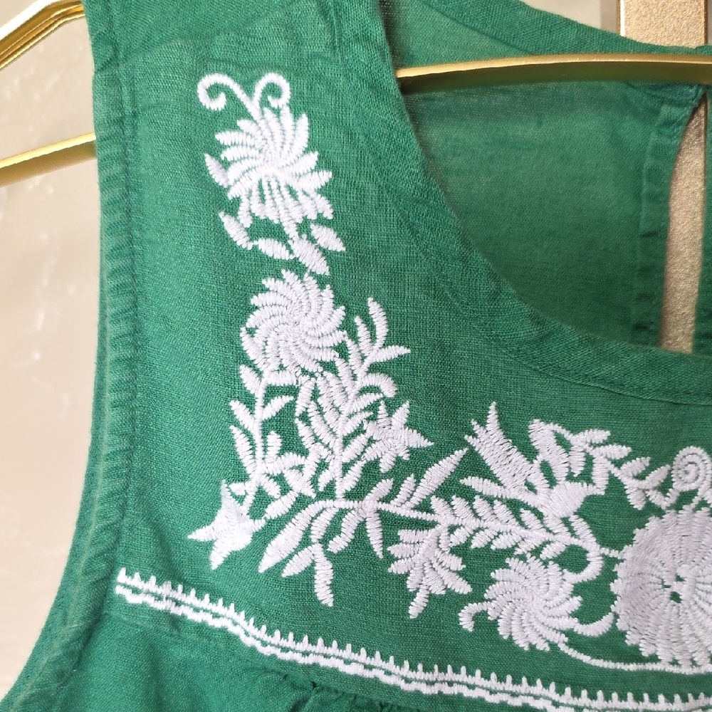 J. Crew Emerald Green Sleeveless Blouse with Ivory Embroidery Cotton Linen Top - Picture 4 of 11